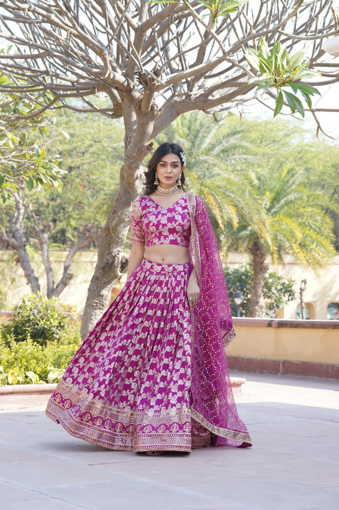 Designer Dyeable Viscose Jacquard Magenta Pink Lehenga Choli & Dupatta Set with Sequins Embroidery ClothsVilla