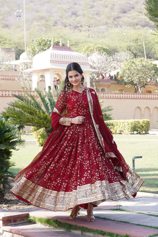 Embroidered Faux Blooming Georgette Flared Maroon Gown with Dupatta ClothsVilla