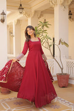 Load image into Gallery viewer, Embrace timeless elegance with our meticulously crafted Vichitra silk Maroon gown and dupatta set. ClothsVilla