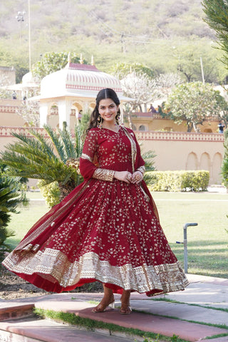 Embroidered Faux Blooming Georgette Flared Maroon Gown with Dupatta ClothsVilla