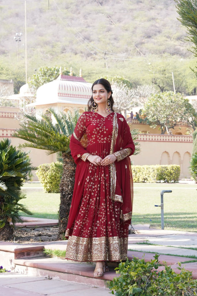 Embroidered Faux Blooming Georgette Flared Maroon Gown with Dupatta ClothsVilla