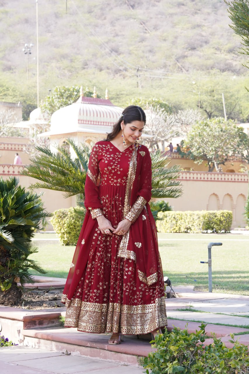 Embroidered Faux Blooming Georgette Flared Maroon Gown with Dupatta ClothsVilla