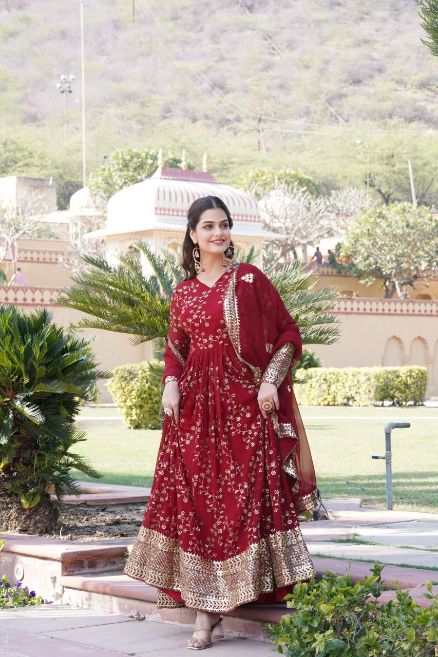 Embroidered Faux Blooming Georgette Flared Maroon Gown with Dupatta ClothsVilla