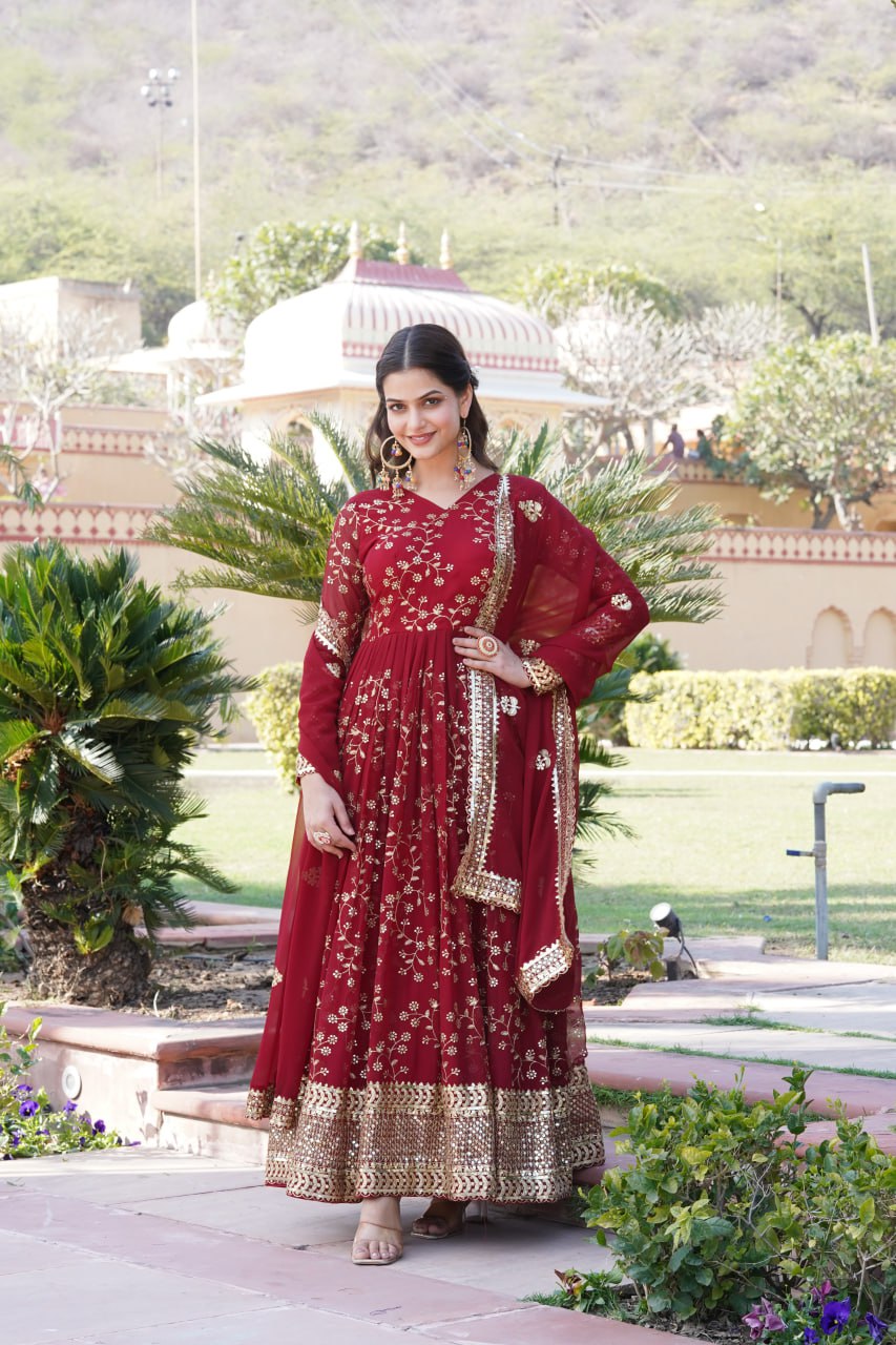 Embroidered Faux Blooming Georgette Flared Maroon Gown with Dupatta ClothsVilla