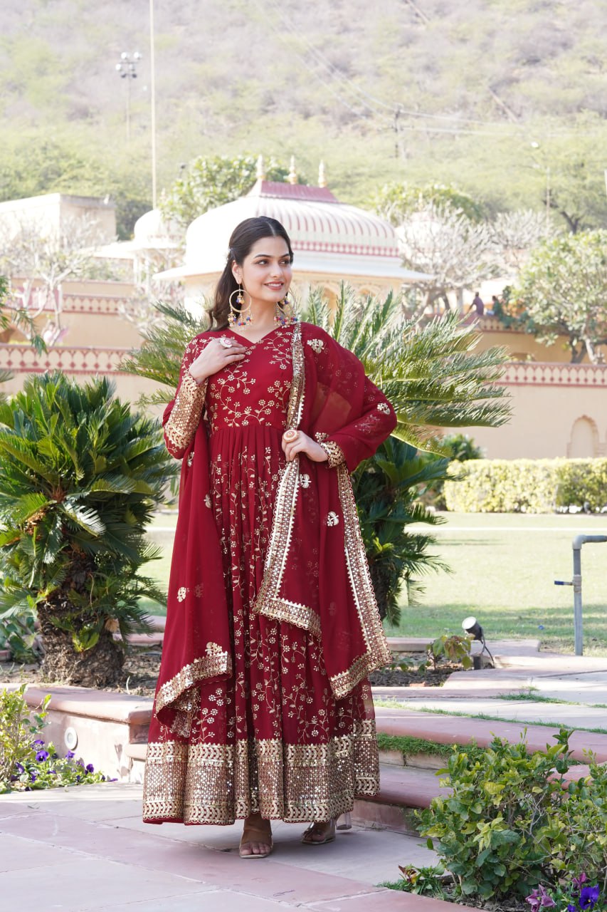 Embroidered Faux Blooming Georgette Flared Maroon Gown with Dupatta ClothsVilla