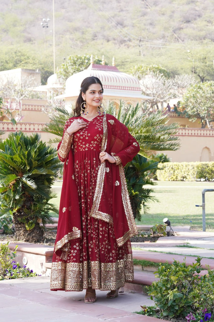 Embroidered Faux Blooming Georgette Flared Maroon Gown with Dupatta ClothsVilla