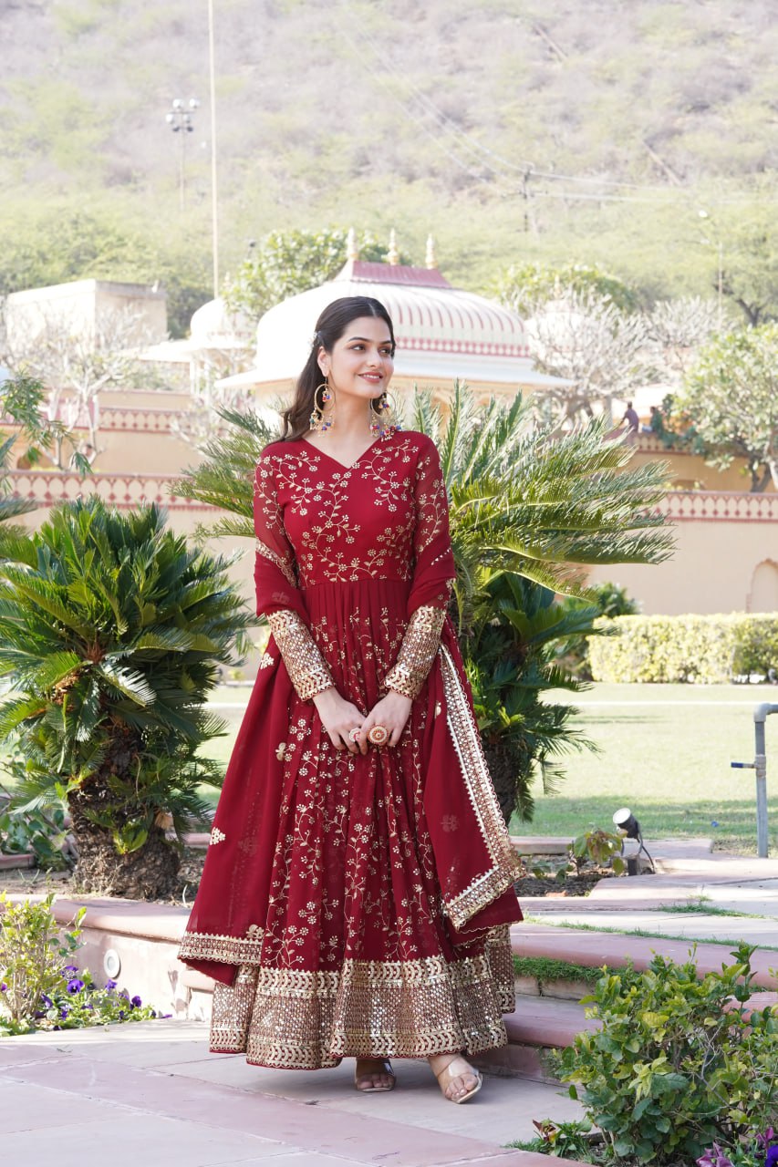 Embroidered Faux Blooming Georgette Flared Maroon Gown with Dupatta ClothsVilla