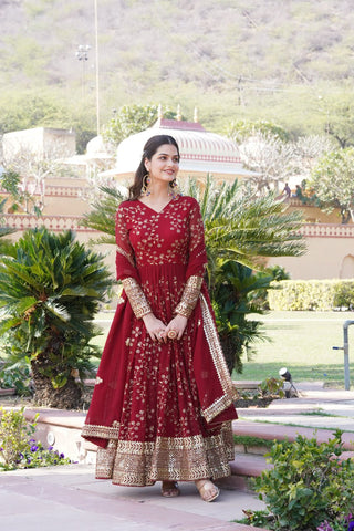 Embroidered Faux Blooming Georgette Flared Maroon Gown with Dupatta ClothsVilla
