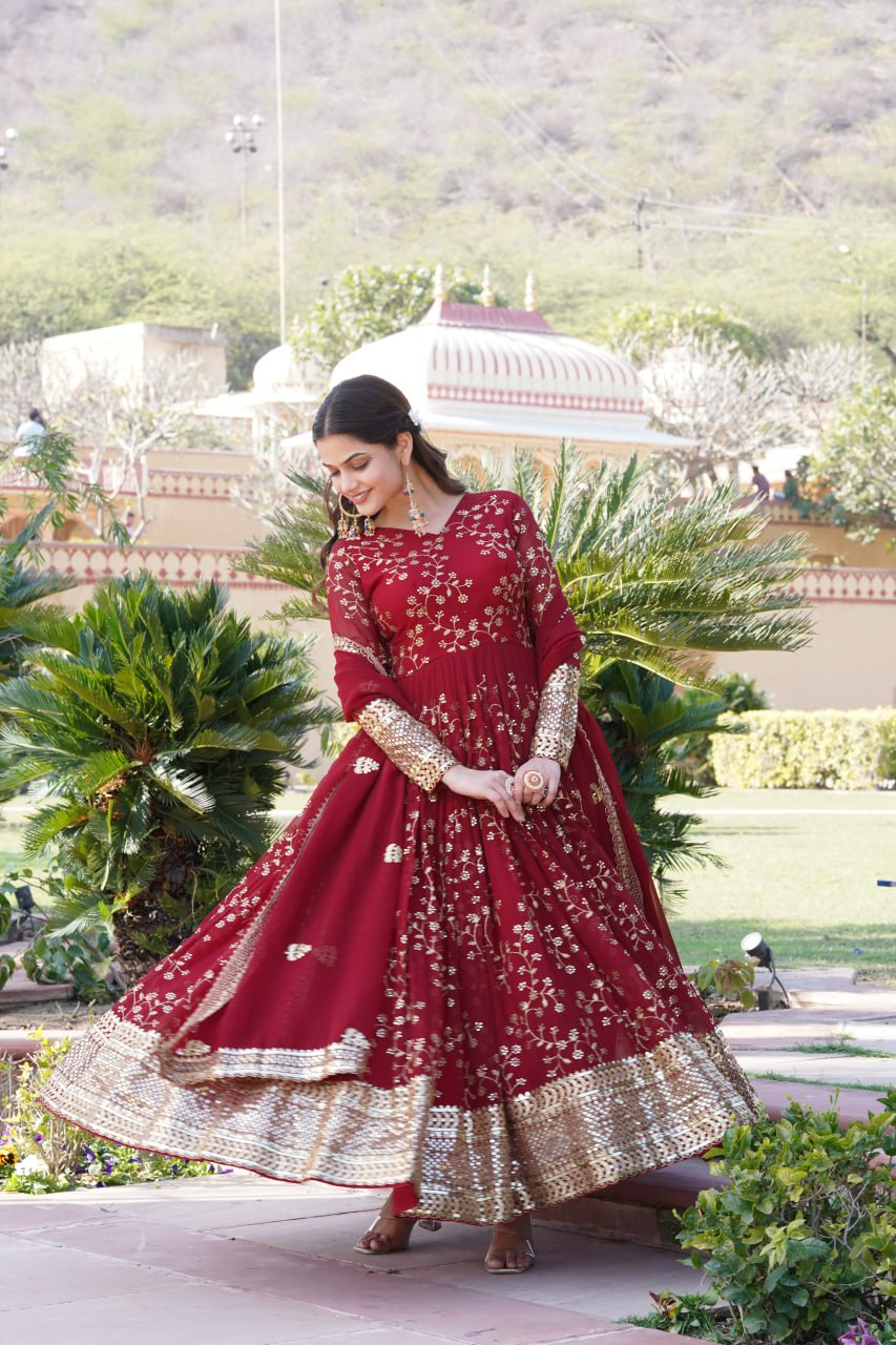 Embroidered Faux Blooming Georgette Flared Maroon Gown with Dupatta ClothsVilla