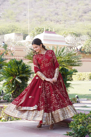 Embroidered Faux Blooming Georgette Flared Maroon Gown with Dupatta ClothsVilla