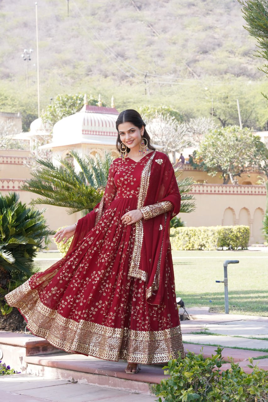 Embroidered Faux Blooming Georgette Flared Maroon Gown with Dupatta ClothsVilla
