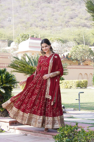 Embroidered Faux Blooming Georgette Flared Maroon Gown with Dupatta ClothsVilla