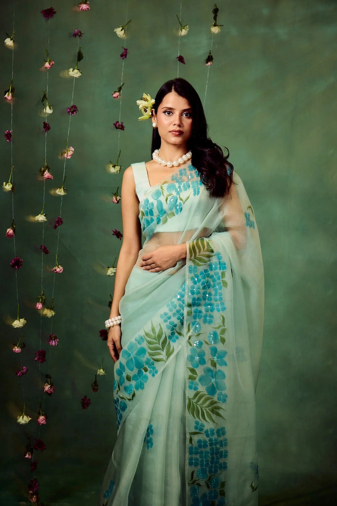Sky Blue Pure Organza Hand-Painted Saree with White Floral Motifs & Sequins | Modal Satin Blouse FANCY SAREES