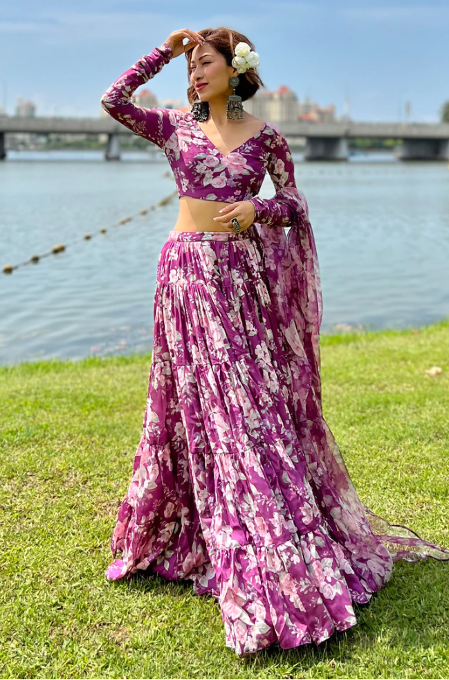 Purple Floral Printed Lehenga Choli with ruffled stitch pattern ClothsVilla