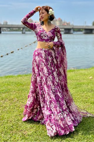 Purple Floral Printed Lehenga Choli with ruffled stitch pattern ClothsVilla
