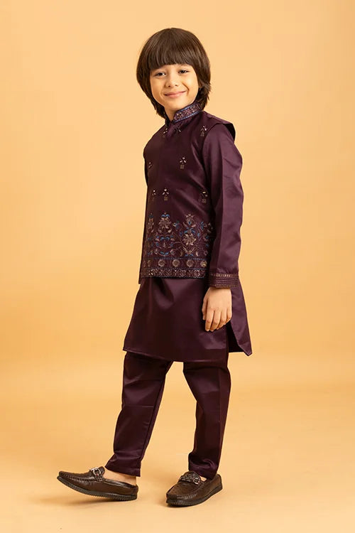 Purple Mirror Work Koti Kurta Set for Boys Clothsvilla