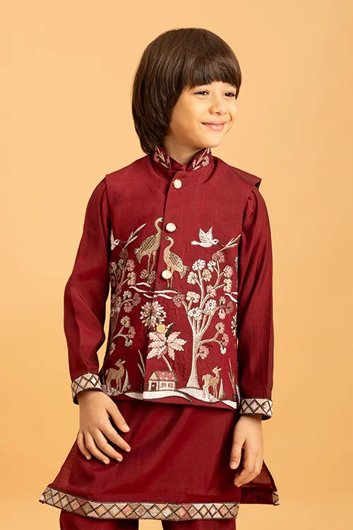 Kids Wedding Special Maroon Koti Kurta Set Outfit Clothsvilla