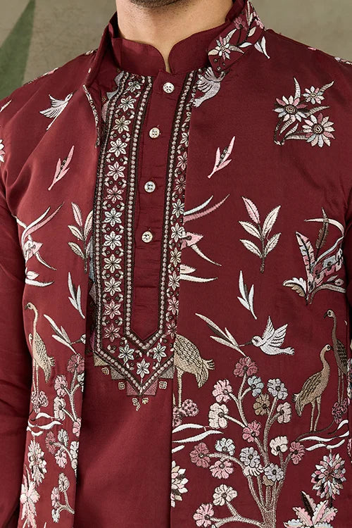 Wedding Special Maroon Kurta Pajama with Open Koti for Men Clothsvilla