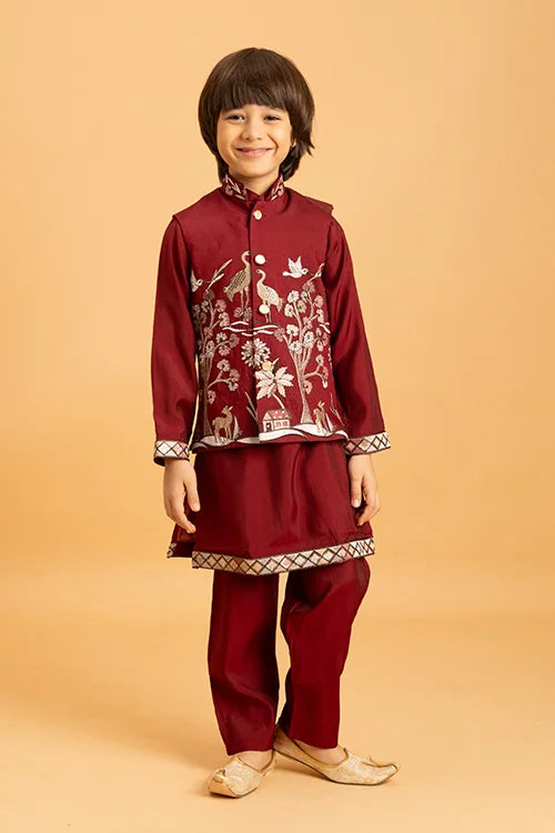 Kids Wedding Special Maroon Koti Kurta Set Outfit Clothsvilla