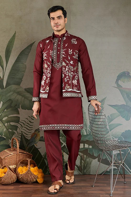 Wedding Special Maroon Kurta Pajama with Open Koti for Men Clothsvilla Main image