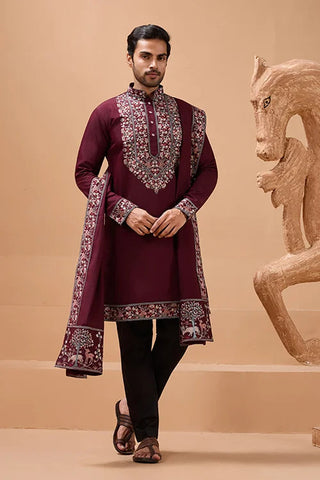 Latest Signature Maroon Kurta and Dupatta for Mens Wear Clothsvilla