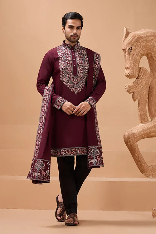 Latest Signature Maroon Kurta and Dupatta for Mens Wear Clothsvilla