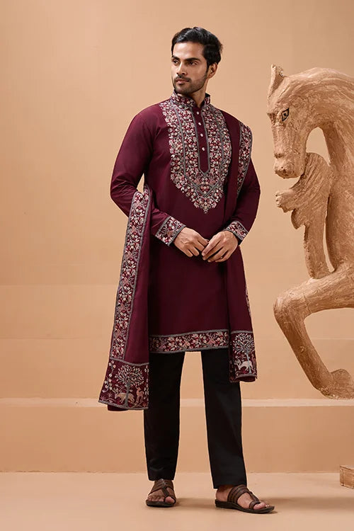 Latest Signature Maroon Kurta and Dupatta for Mens Wear Clothsvilla