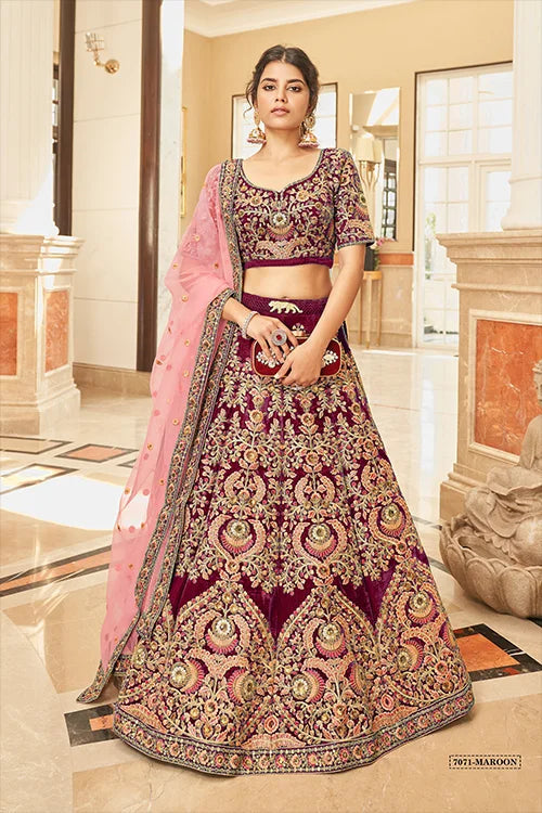 Designer Maroon Velvet Lehenga with Net Dupatta Clothsvilla