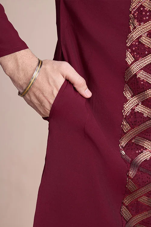 Traditional Embroidered Maroon Silk Kurta for Men Clothsvilla