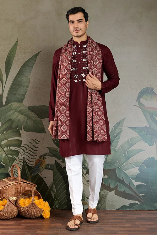 Traditional Maroon Mirror Embroidered Kurta with Dupatta Clothsvilla
