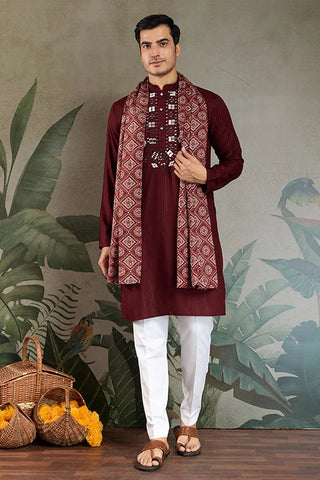 Traditional Maroon Mirror Embroidered Kurta with Dupatta Clothsvilla