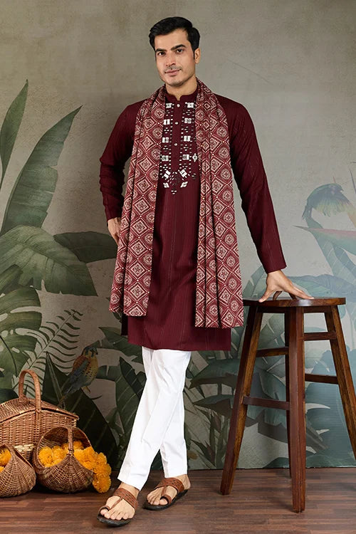 Traditional Maroon Mirror Embroidered Kurta with Dupatta Clothsvilla