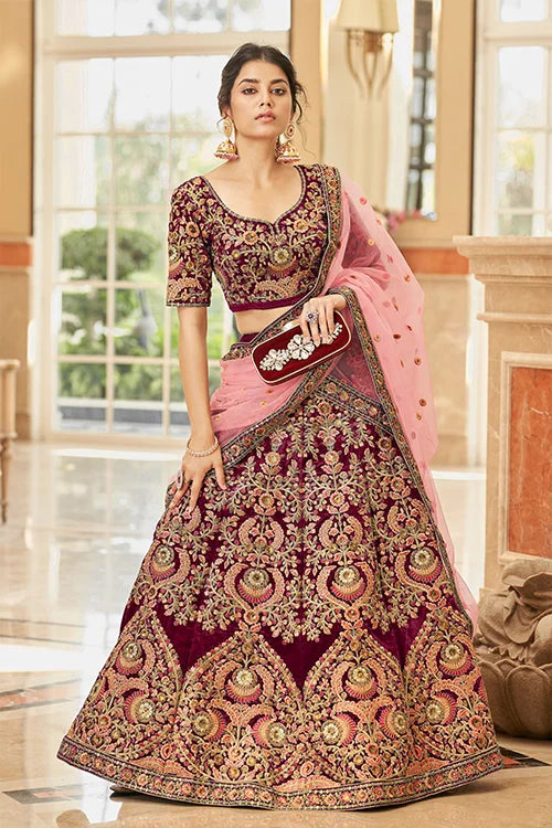 Designer Maroon Velvet Lehenga with Net Dupatta Clothsvilla