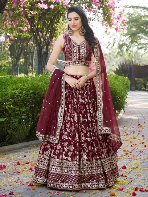 Maroon Dola Silk Jacquard Embroidered Lehenga Choli Clothsvilla Main image