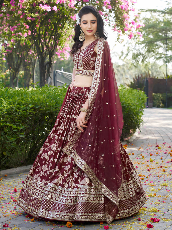 Maroon Dola Silk Jacquard Embroidered Lehenga Choli Clothsvilla