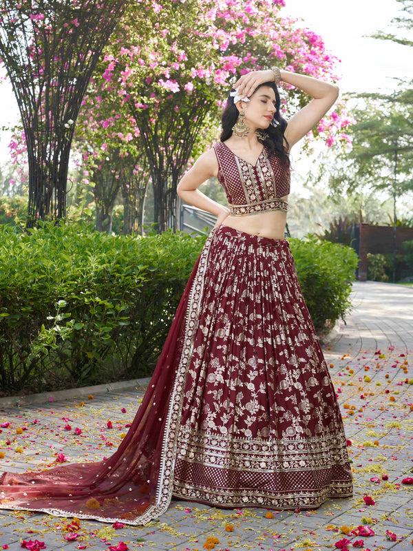 Maroon Dola Silk Jacquard Embroidered Lehenga Choli Clothsvilla