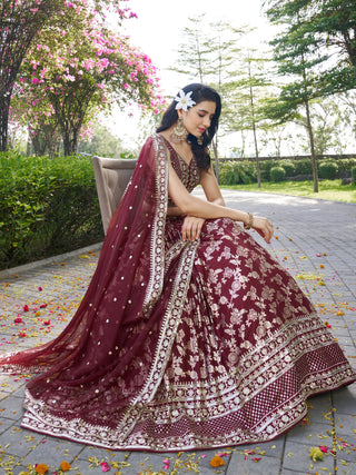 Maroon Dola Silk Jacquard Embroidered Lehenga Choli Clothsvilla