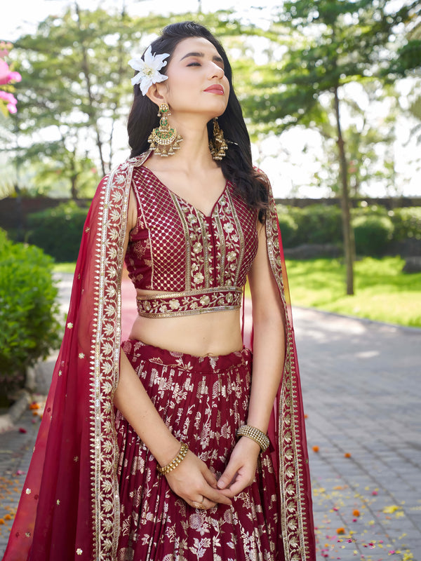 Maroon Dola Silk Jacquard Embroidered Lehenga Choli Clothsvilla