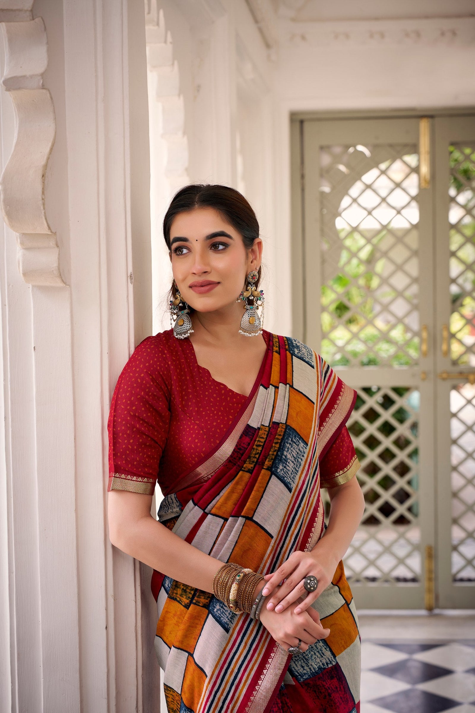 Maroon Elegant Chanderi Printed Saree with Temple Border & Matching Blouse ClothsVilla