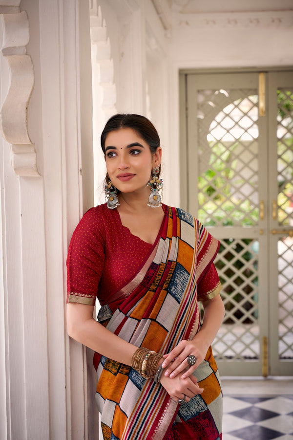 Maroon Elegant Chanderi Printed Saree with Temple Border & Matching Blouse ClothsVilla