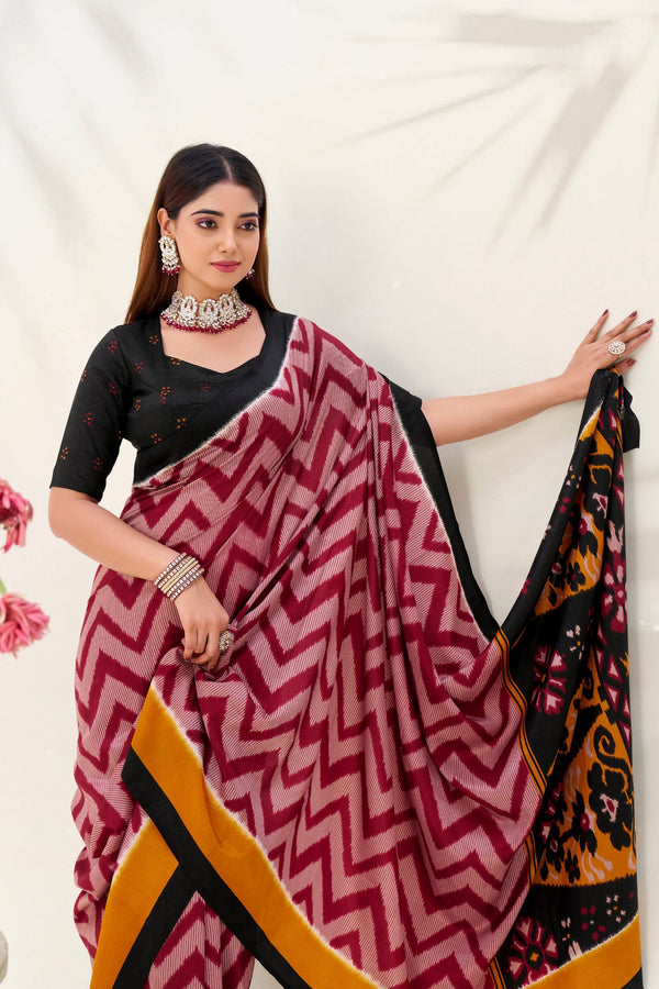 Maroon Elegant Printed Tasar Silk Saree with Matching Unstitched Blouse ClothsVilla
