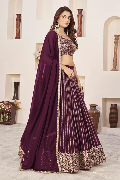 Maroon Georgette Sequins Embroidered Lehenga Choli Ensemble Clothsvilla