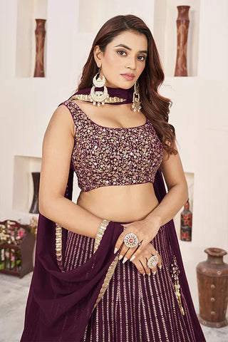 Maroon Georgette Sequins Embroidered Lehenga Choli Ensemble Clothsvilla