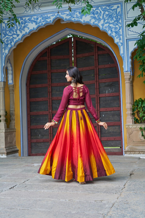 Maroon Navratri Special Chinnon Pedding Lehenga Choli with Kutchi Gamthi Embroidery ClothsVilla
