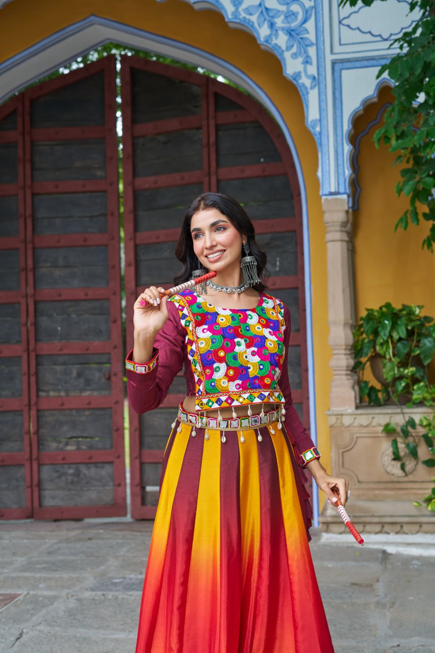 Maroon Navratri Special Chinnon Pedding Lehenga Choli with Kutchi Gamthi Embroidery ClothsVilla