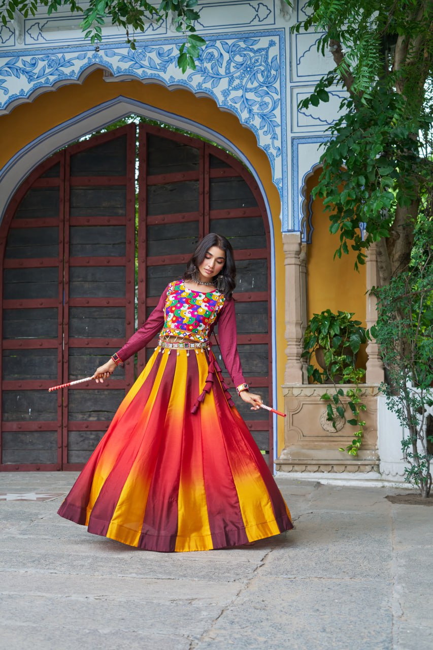 Maroon Navratri Special Chinnon Pedding Lehenga Choli with Kutchi Gamthi Embroidery ClothsVilla