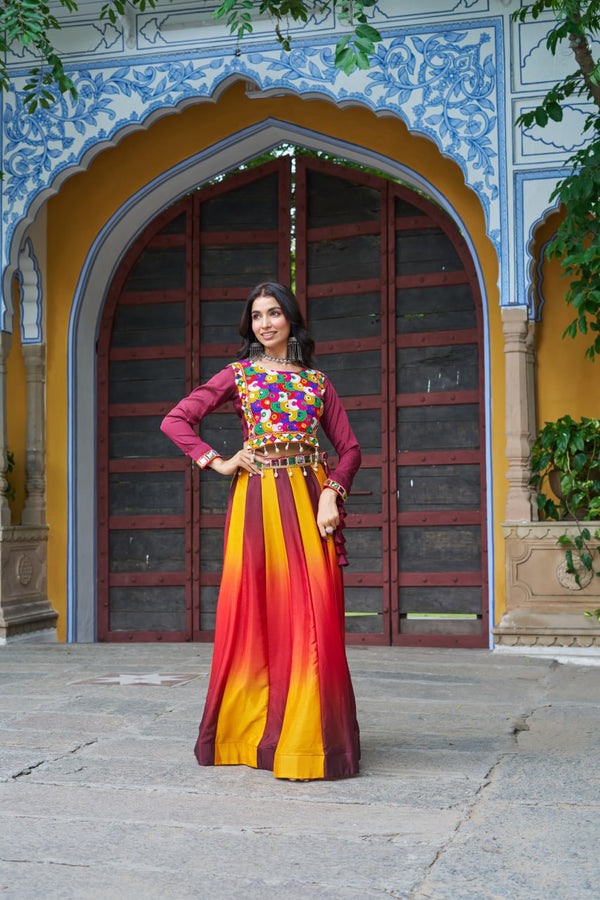 Maroon Navratri Special Chinnon Pedding Lehenga Choli with Kutchi Gamthi Embroidery ClothsVilla