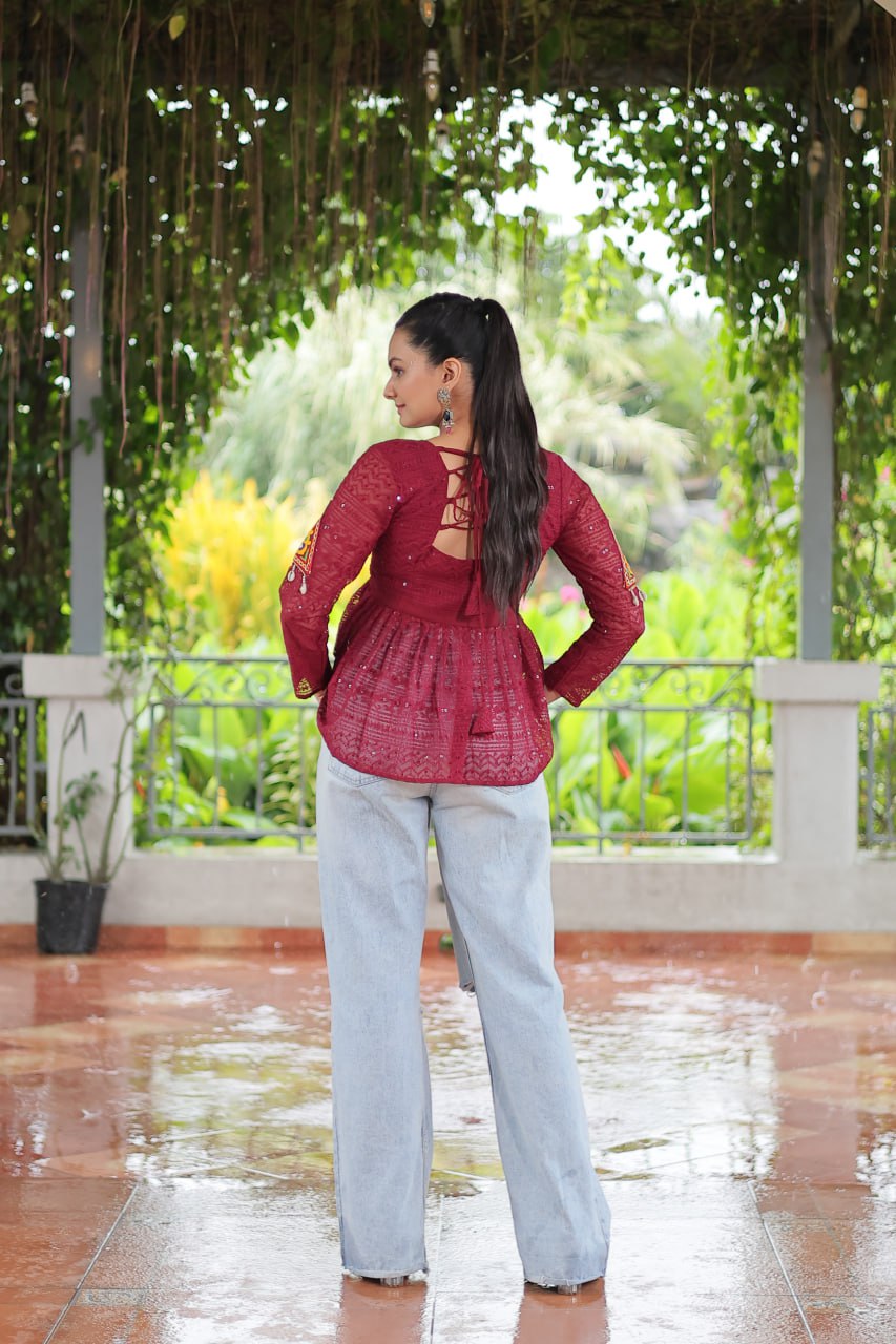 Navratri Special Georgette Schiffli Peplum Top with Kutchi Gamthi Patch Work ClothsVilla