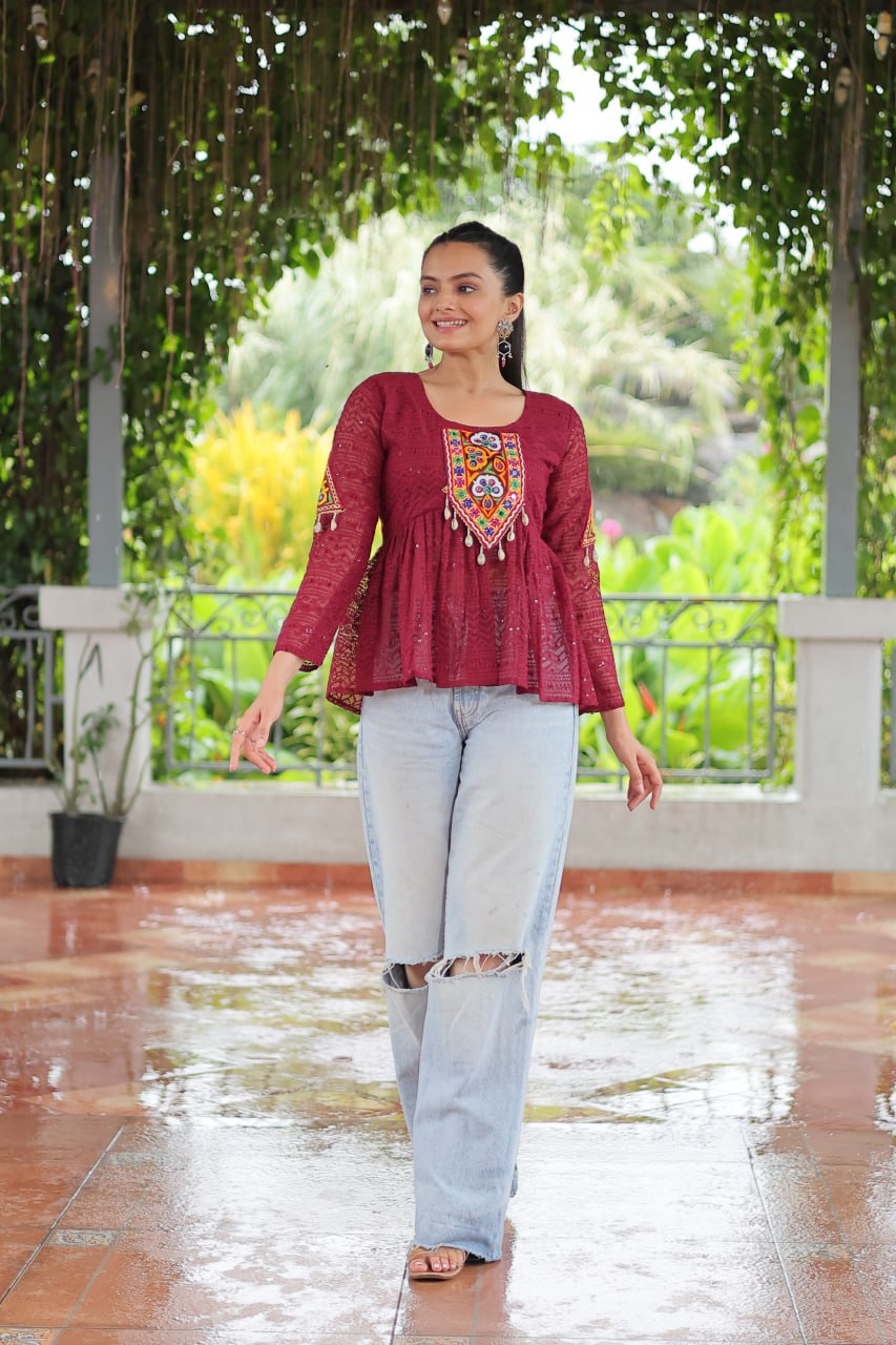Navratri Special Georgette Schiffli Peplum Top with Kutchi Gamthi Patch Work ClothsVilla