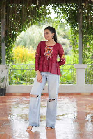 Navratri Special Georgette Schiffli Peplum Top with Kutchi Gamthi Patch Work ClothsVilla